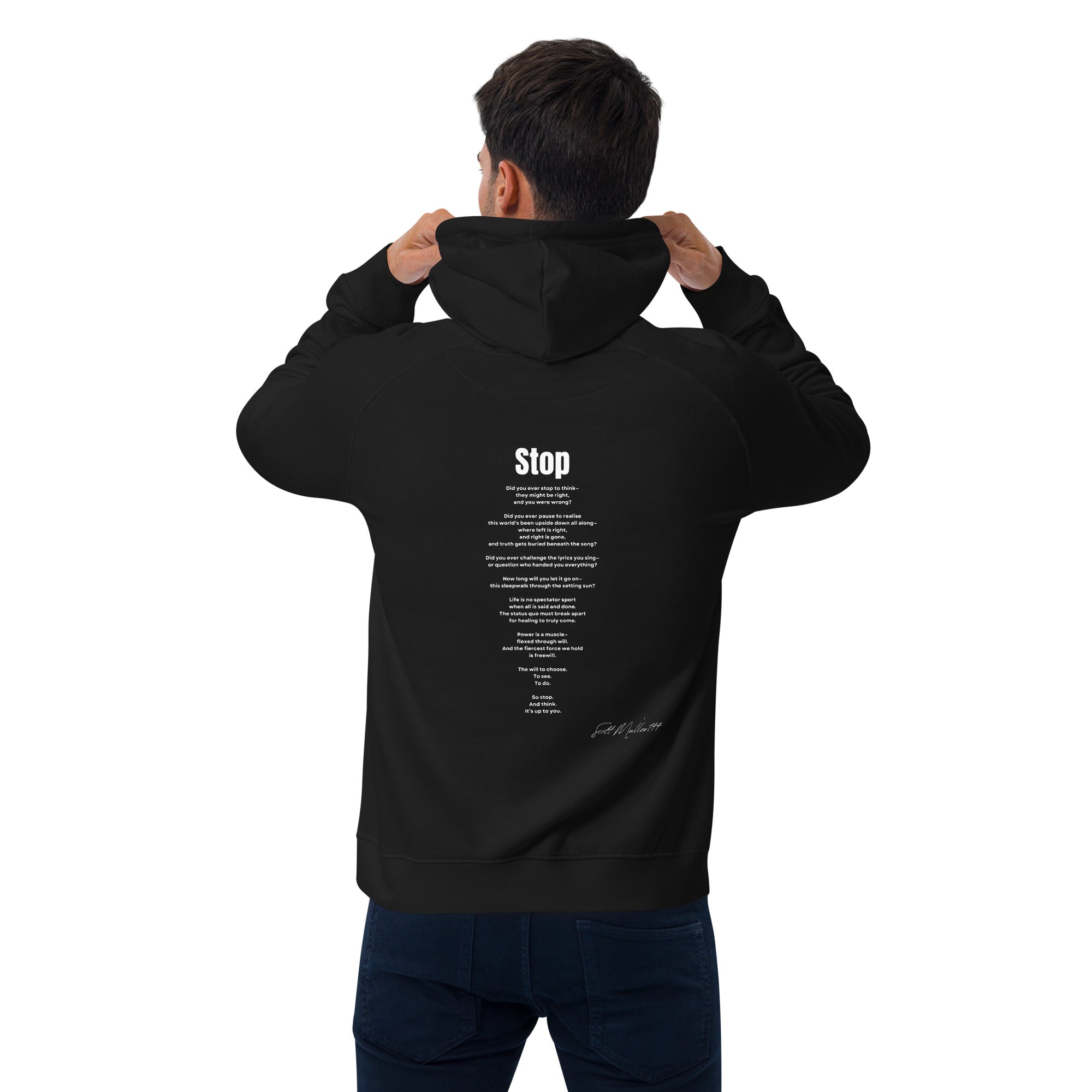 STOP organic hoodie lifestyle mockup