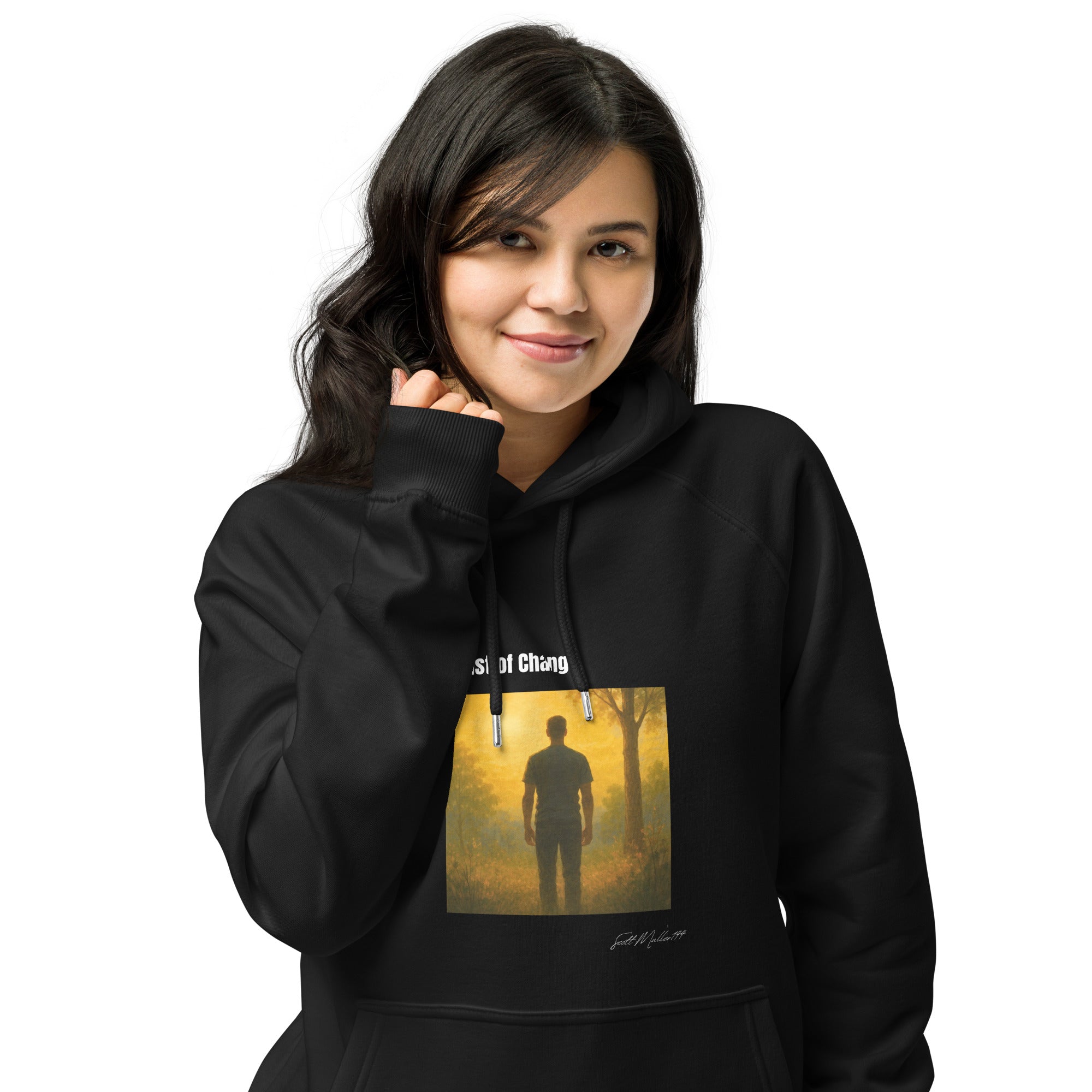 midst of change organic hoodie black flat lay